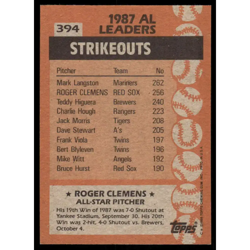 1988 Topps #394 Roger Clemens EX/NM Boston Red Sox Baseball Card - Baseball Card Single