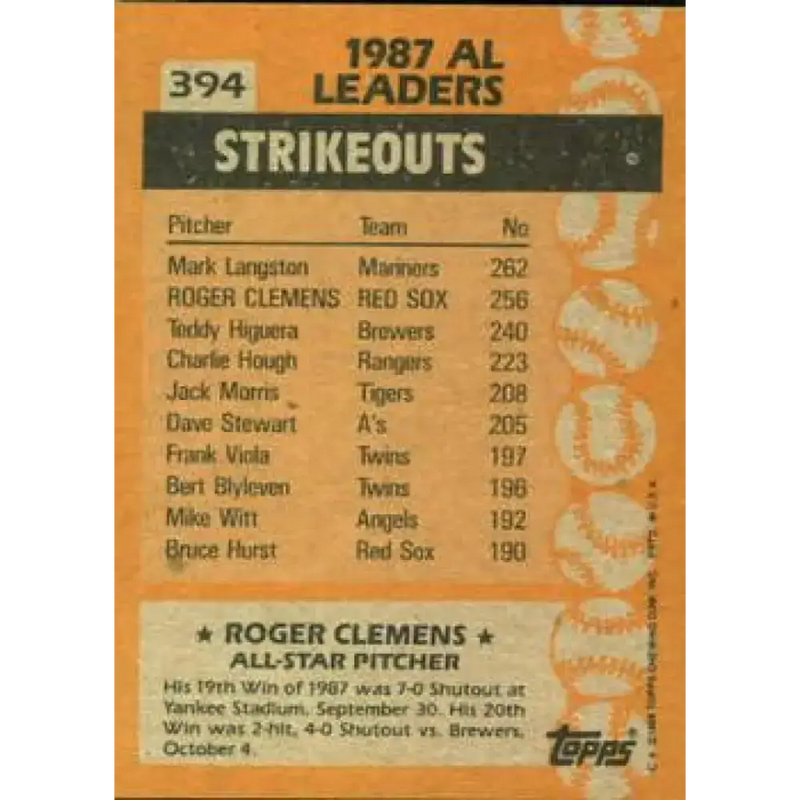 1988 Topps #394 Roger Clemens NM-MT Boston Red Sox Baseball Card - Baseball Card Single
