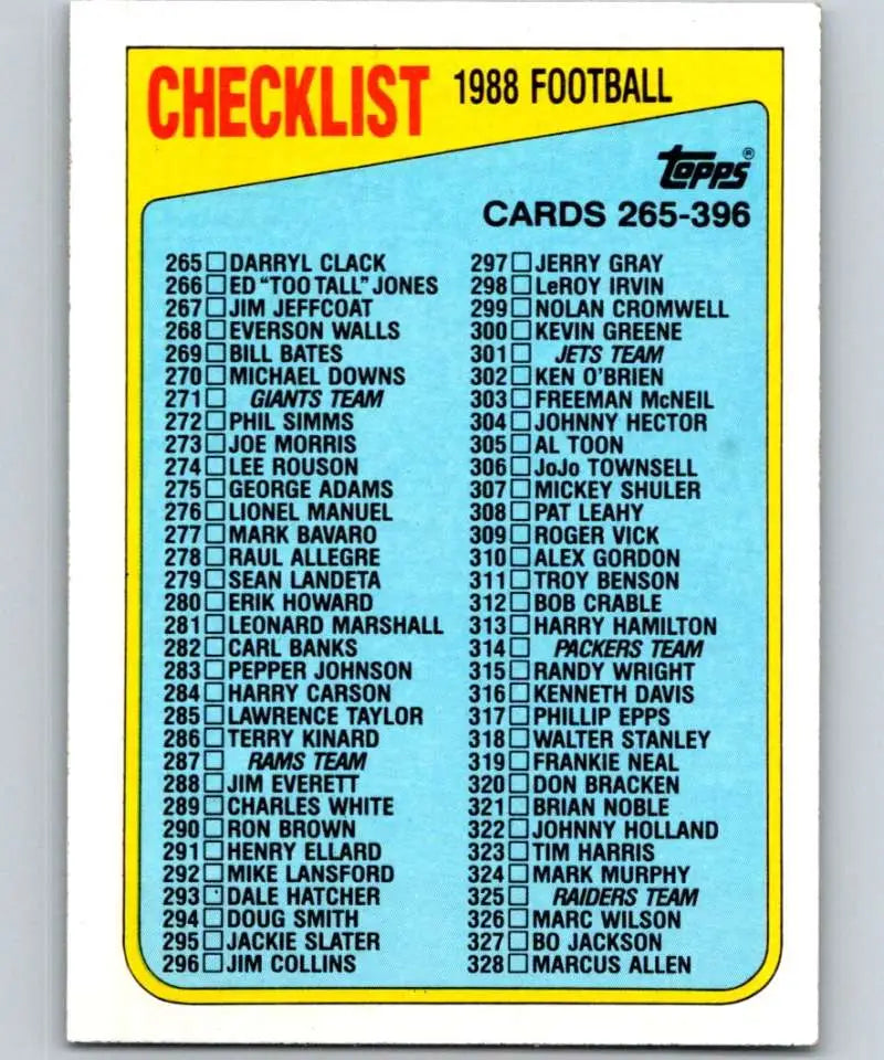 1988 Topps #396 Checklist 265-396 EX Excellent Football Card - Football Card Single
