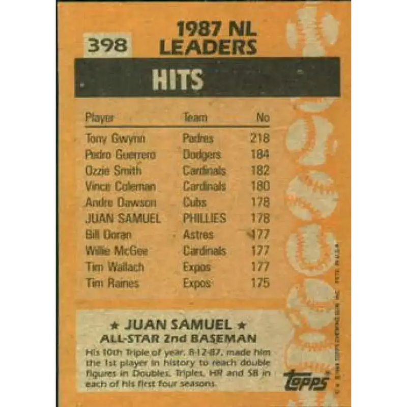 1988 Topps #398 Juan Samuel NM-MT Philadelphia Phillies Baseball Card - Baseball Card Single
