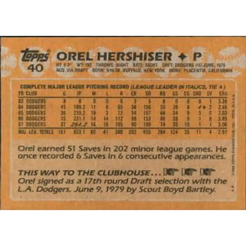 1988 Topps #40 Orel Hershiser NM-MT Los Angeles Dodgers Baseball Card - Baseball Card Single