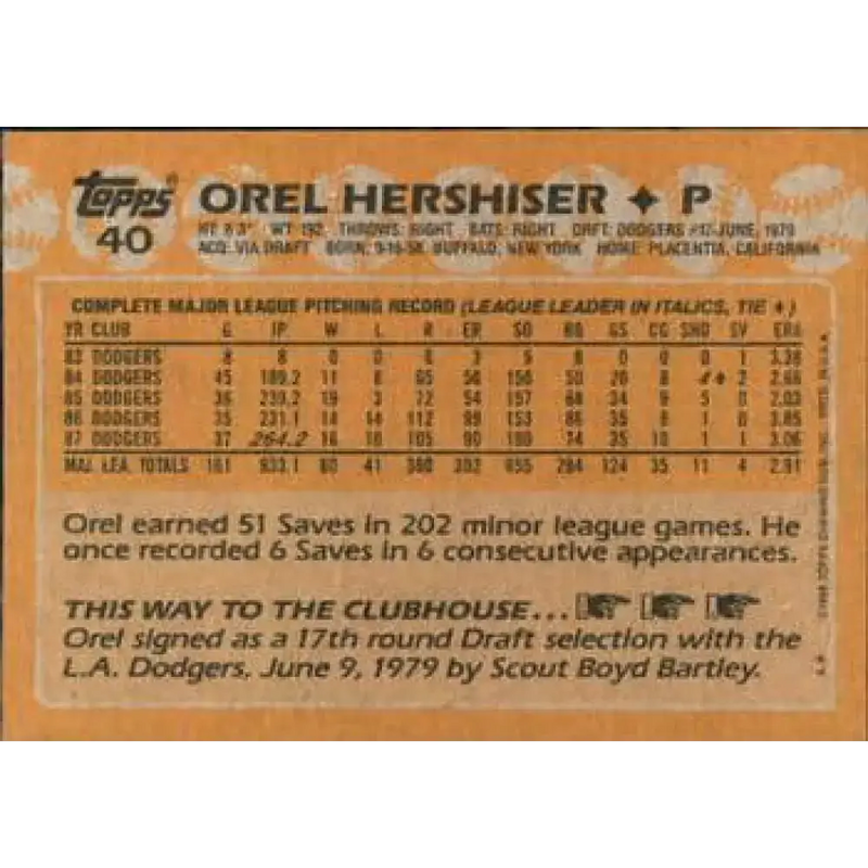 1988 Topps #40 Orel Hershiser NM-MT Los Angeles Dodgers Baseball Card - Baseball Card Single