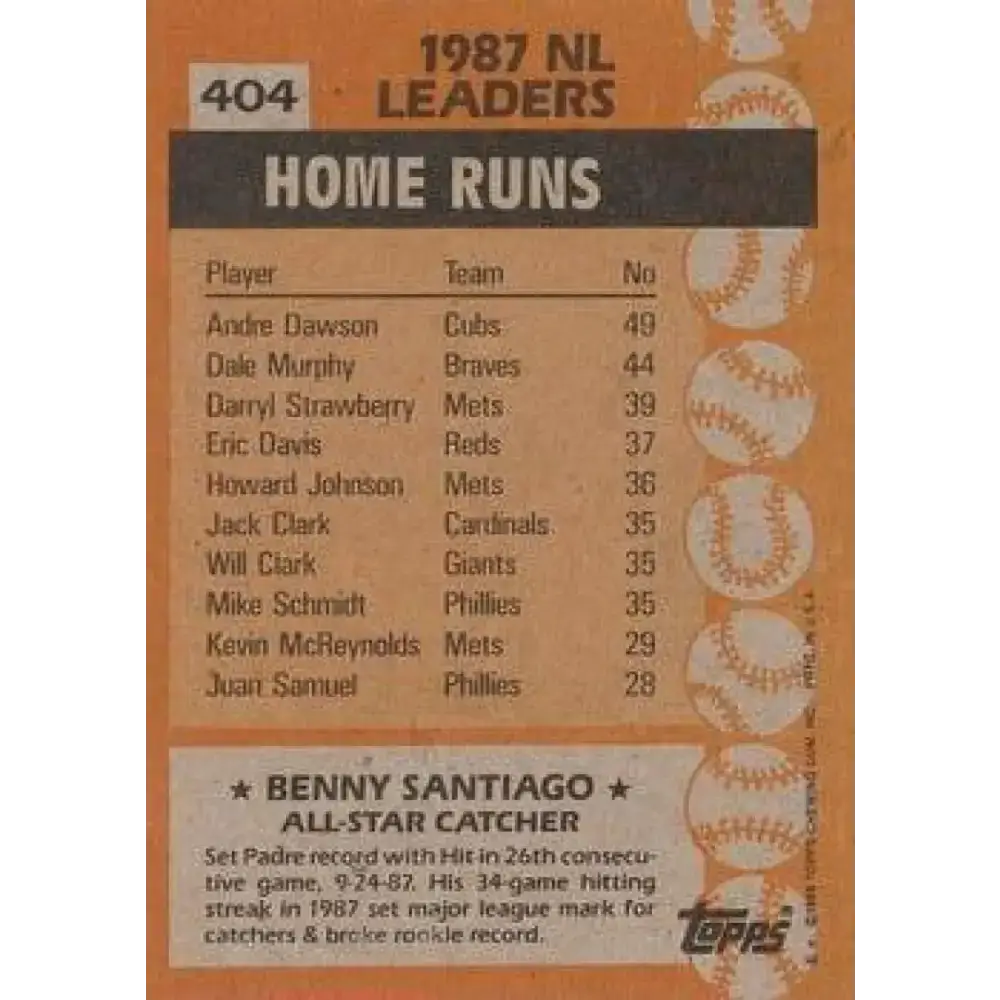 1988 Topps #404 Benito Santiago NM-MT San Diego Padres Baseball Card - Baseball Card Single