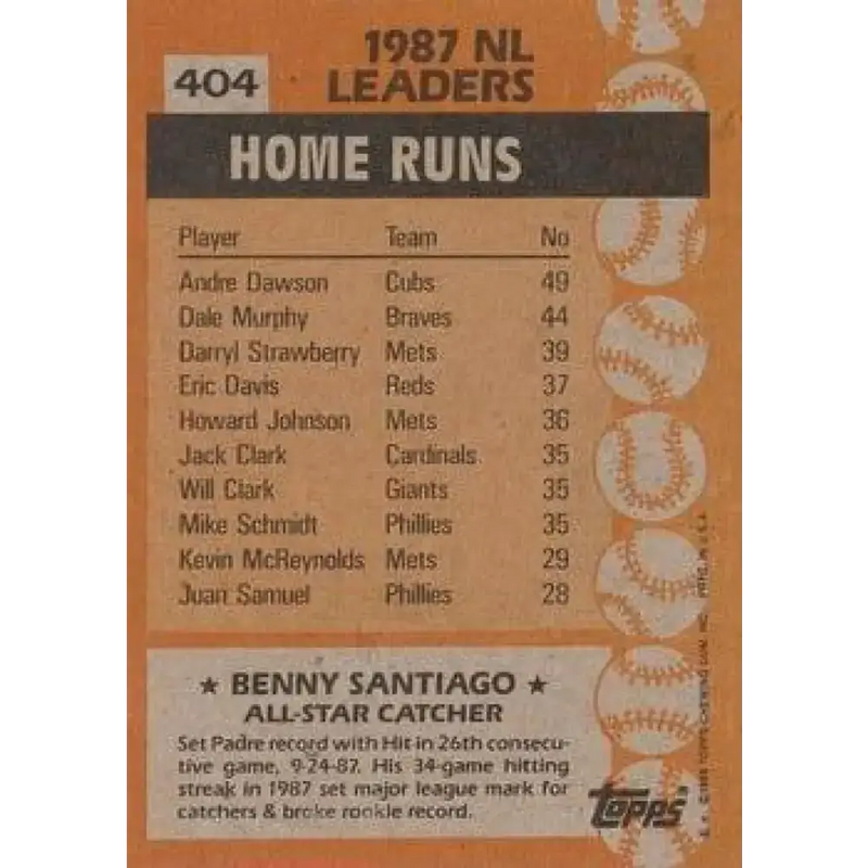 1988 Topps #404 Benito Santiago NM-MT San Diego Padres Baseball Card - Baseball Card Single