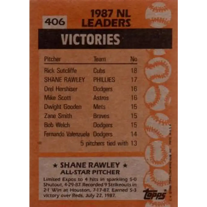 1988 Topps #406 Shane Rawley NM-MT Philadelphia Phillies Baseball Card - Baseball Card Single