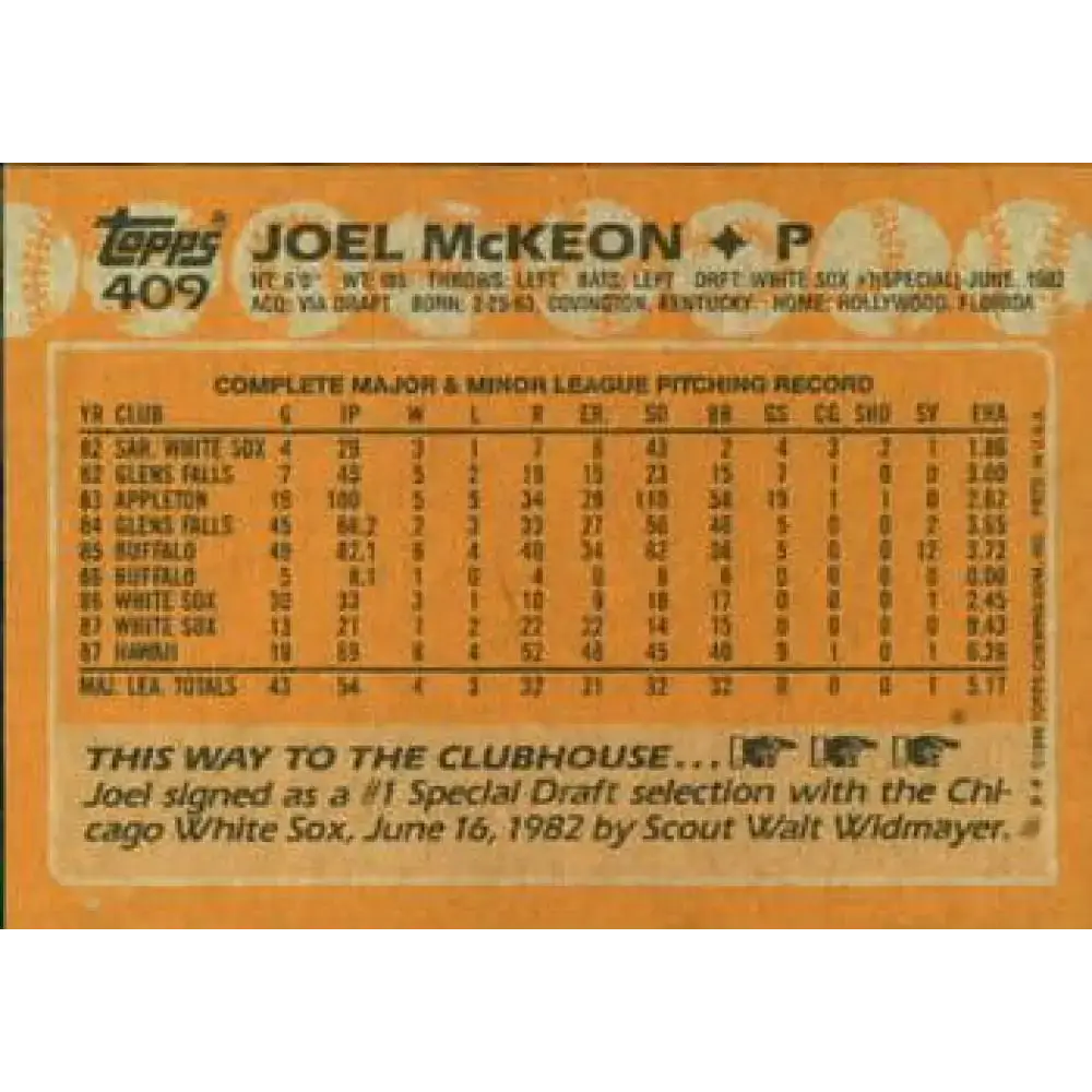 1988 Topps #409 Joel McKeon NM-MT Chicago White Sox Baseball Card - Baseball Card Single