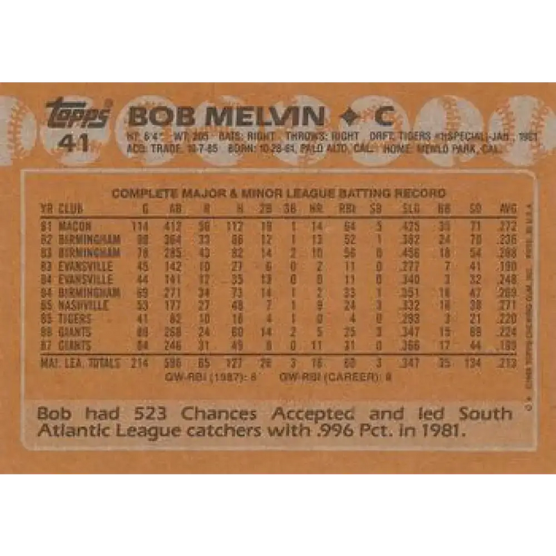 1988 Topps #41 Bob Melvin NM-MT San Francisco Giants Baseball Card - Baseball Card Single