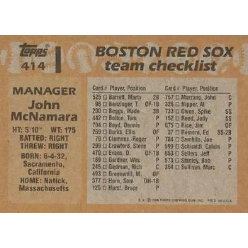 1988 Topps #414 John McNamara NM-MT Boston Red Sox Baseball Card - Baseball Card Single