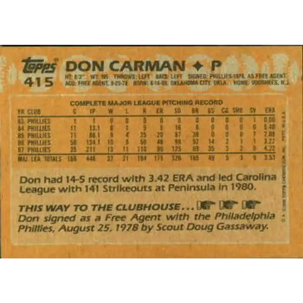 1988 Topps #415 Don Carman NM-MT Philadelphia Phillies Baseball Card - Baseball Card Single