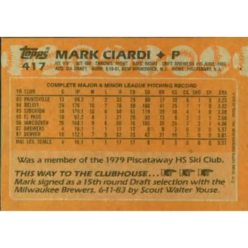 1988 Topps #417 Mark Ciardi NM-MT RC Rookie Milwaukee Brewers Baseball Card - Baseball Card Single