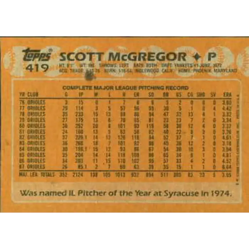1988 Topps #419 Scott McGregor NM-MT Baltimore Orioles Baseball Card - Baseball Card Single