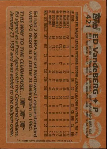 1988 Topps #421 Ed Vande Berg NM-MT Indians baseball card back showing original gloss