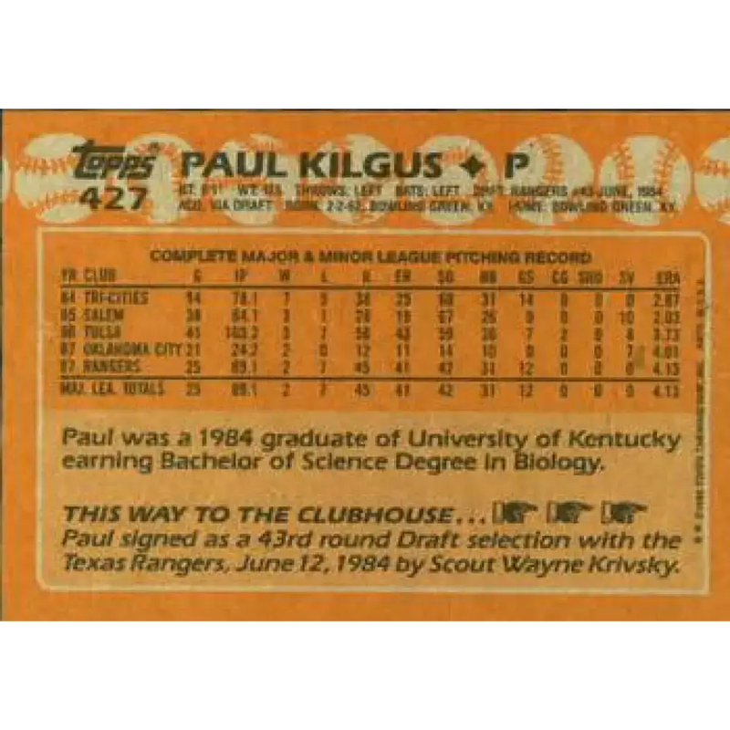 1988 Topps #427 Paul Kilgus NM-MT RC Rookie Texas Rangers Baseball Card - Baseball Card Single