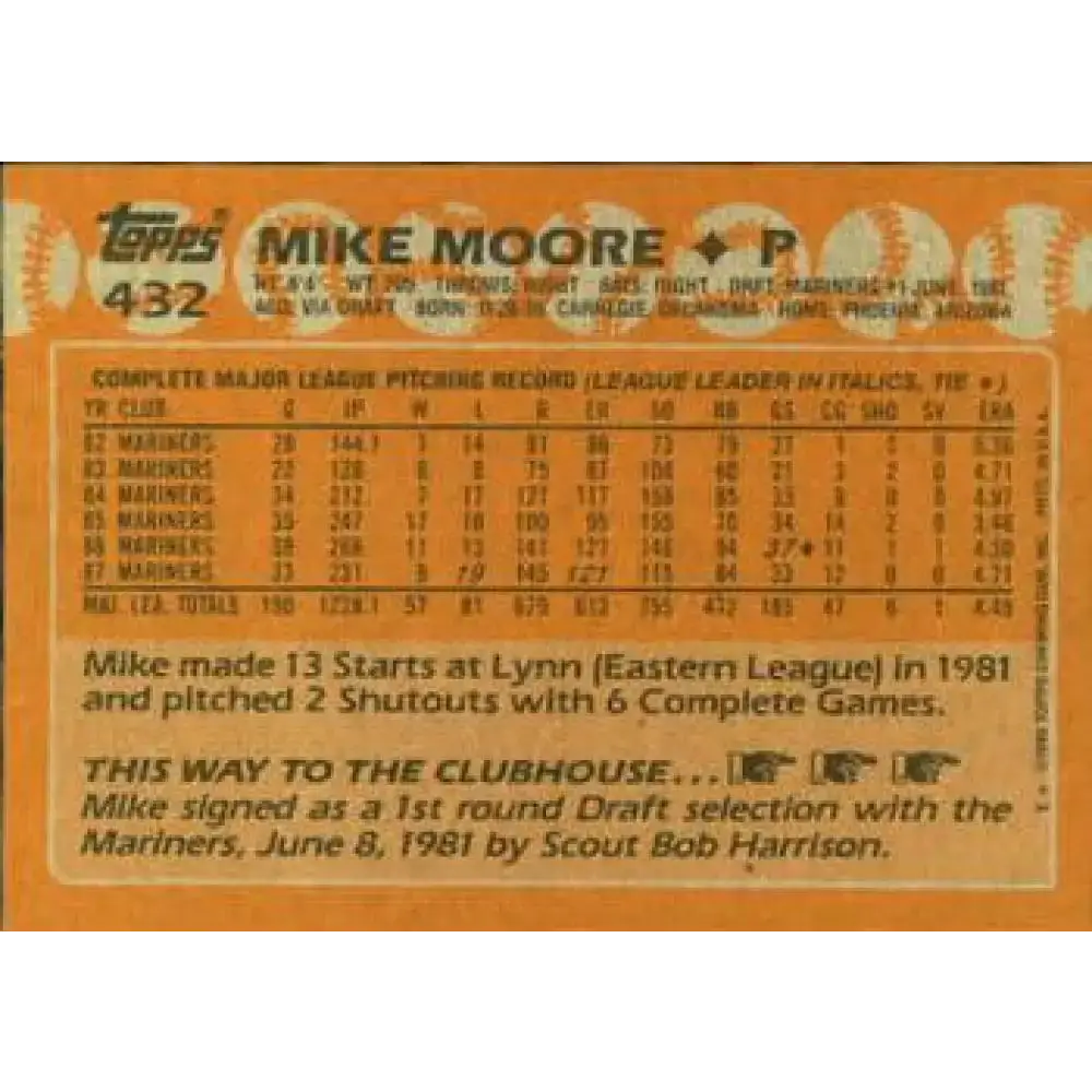 1988 Topps #432 Mike Moore NM-MT Seattle Mariners Baseball Card - Baseball Card Single