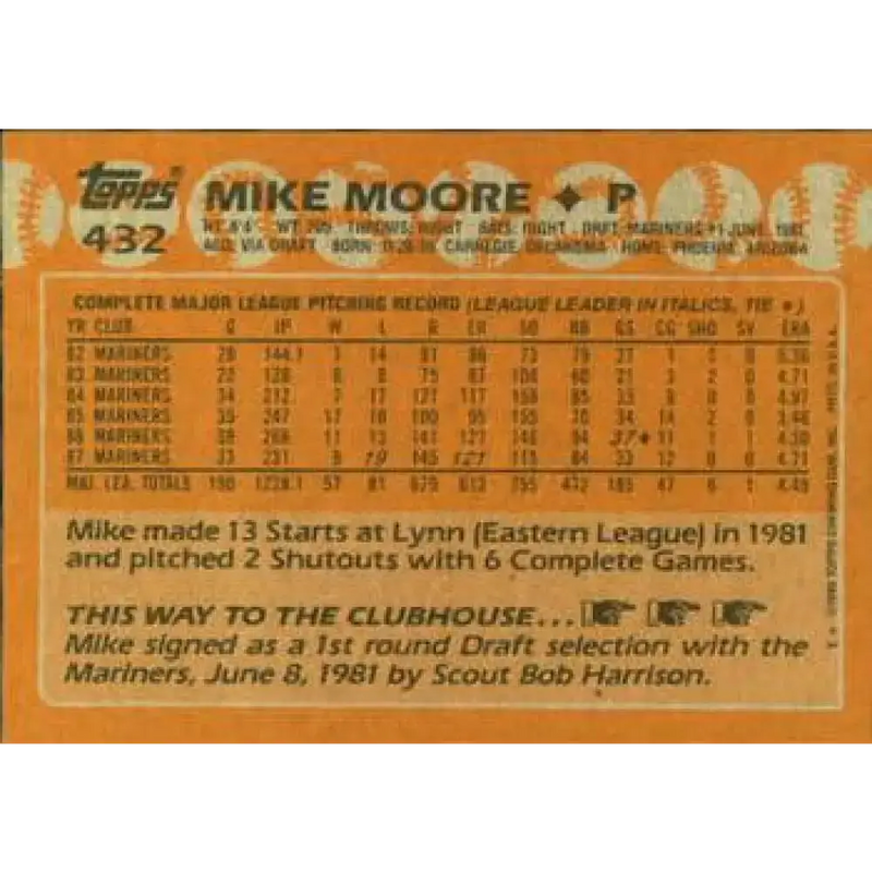 1988 Topps #432 Mike Moore NM-MT Seattle Mariners Baseball Card - Baseball Card Single