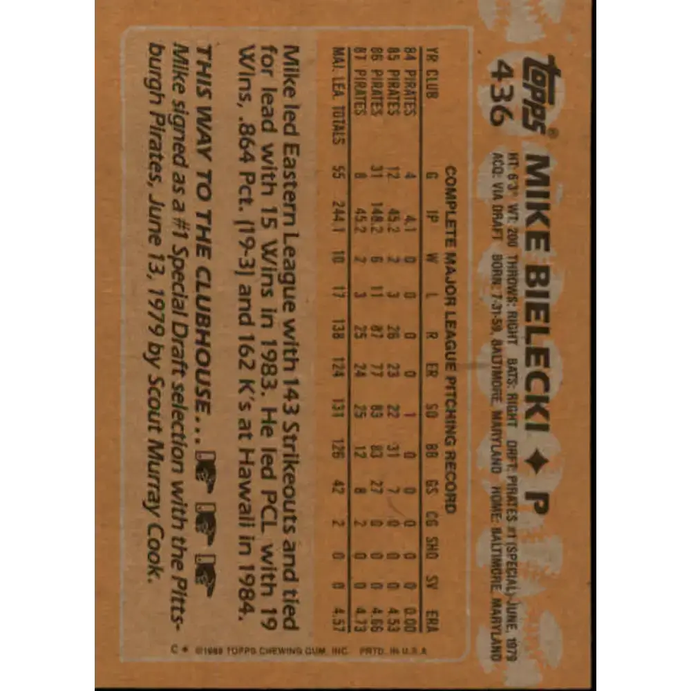 1988 Topps #436 Mike Bielecki NM-MT Pittsburgh Pirates Baseball Card - Baseball Card Single