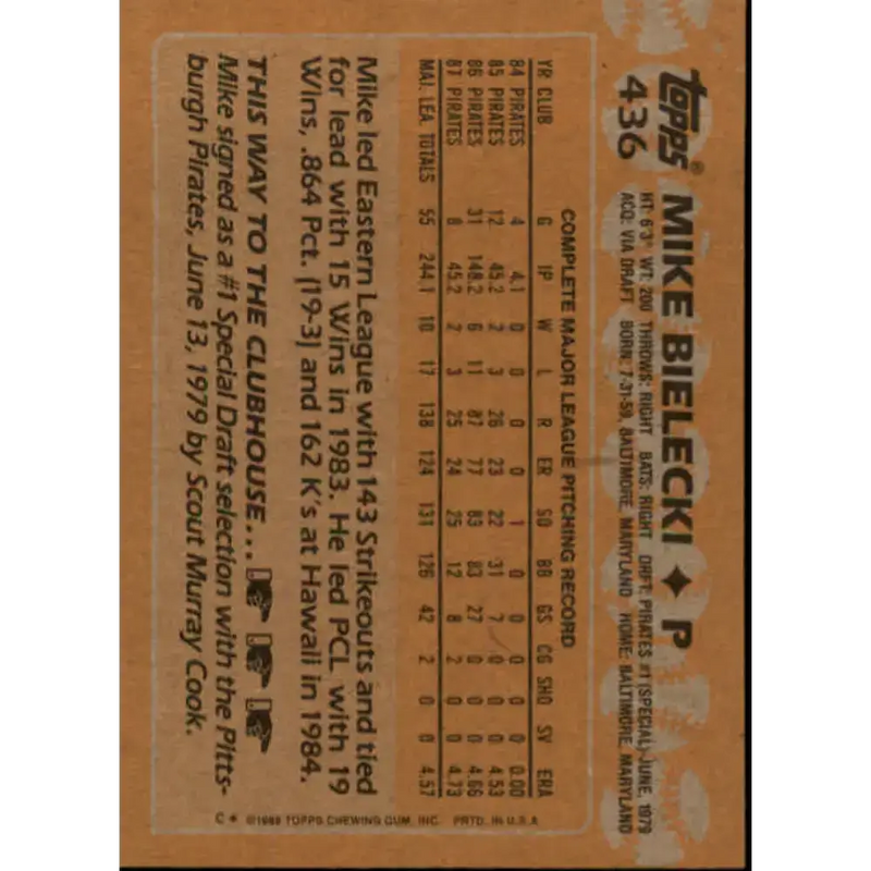 1988 Topps #436 Mike Bielecki NM-MT Pittsburgh Pirates Baseball Card - Baseball Card Single