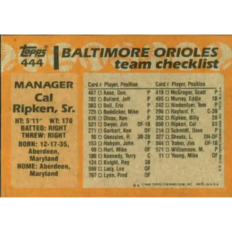 1988 Topps #444 Cal Ripken Sr. NM-MT Baltimore Orioles Baseball Card - Baseball Card Single
