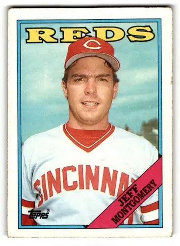 Original gloss Jeff Montgomery Cincinnati baseball card from 1988 Topps #447 showcasing Montgomery Cincinnati Reds skills