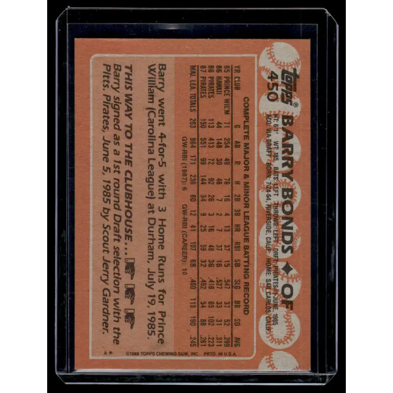 1988 Topps #450 Barry Bonds Pittsburgh Pirates NM-MT - Baseball Card Single