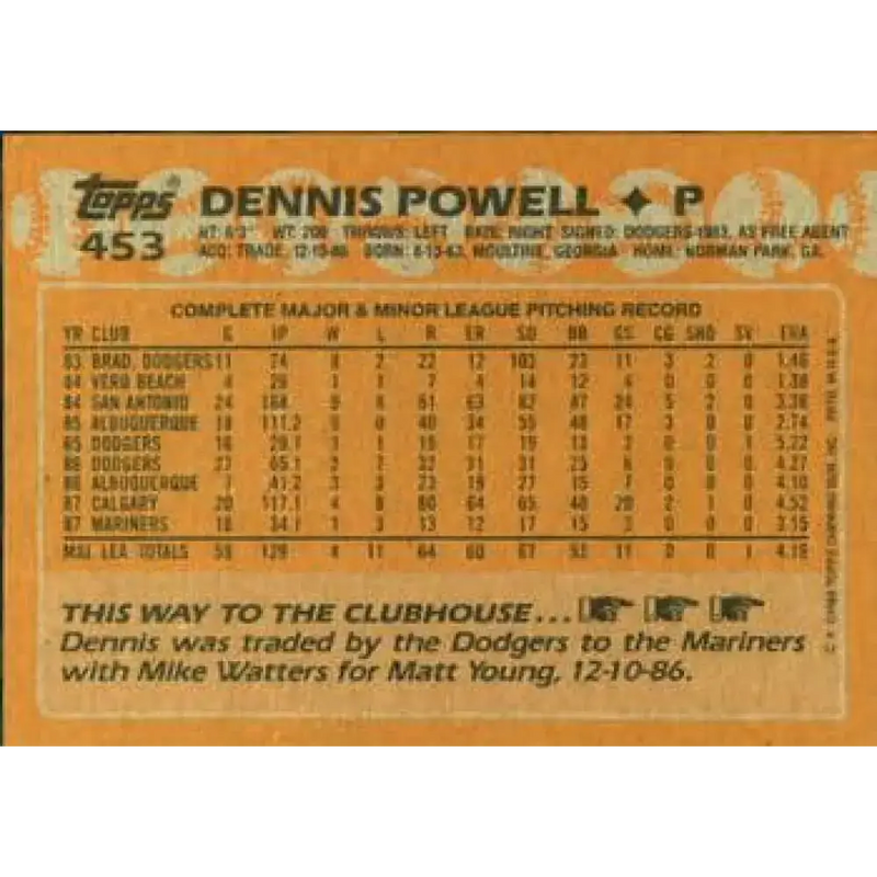 1988 Topps #453 Dennis Powell NM-MT Seattle Mariners Baseball Card - Baseball Card Single