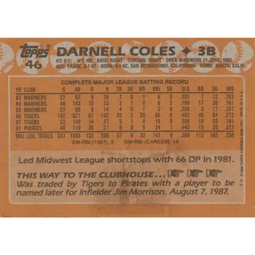 1988 Topps #46 Darnell Coles NM-MT Pittsburgh Pirates Baseball Card - Baseball Card Single