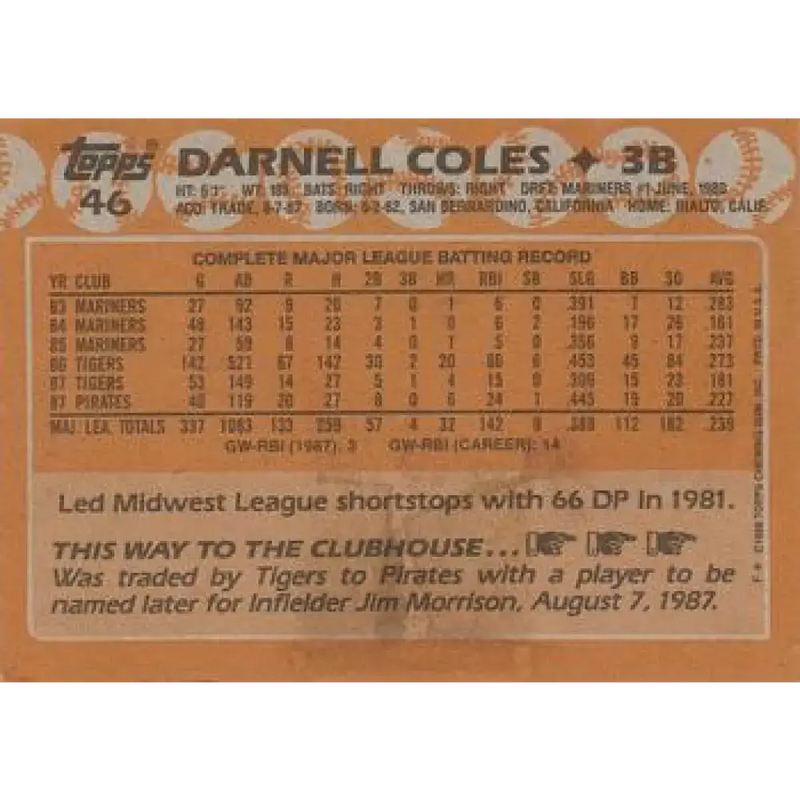 1988 Topps #46 Darnell Coles NM-MT Pittsburgh Pirates Baseball Card - Baseball Card Single