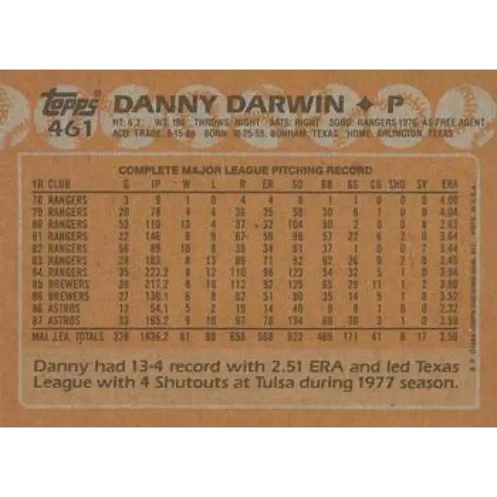 1988 Topps #461 Danny Darwin NM-MT Houston Astros Baseball Card - Baseball Card Single