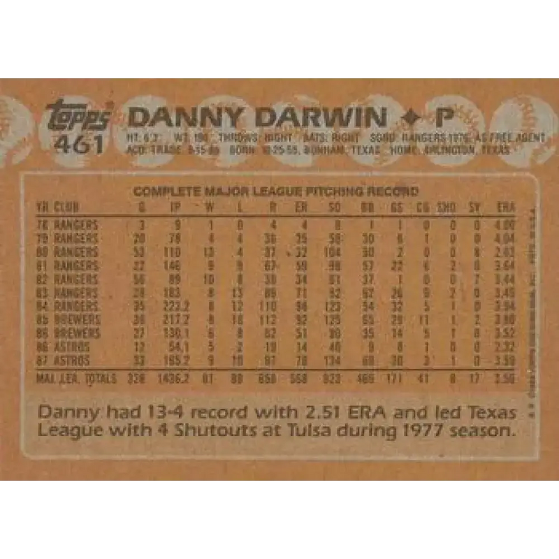 1988 Topps #461 Danny Darwin NM-MT Houston Astros Baseball Card - Baseball Card Single