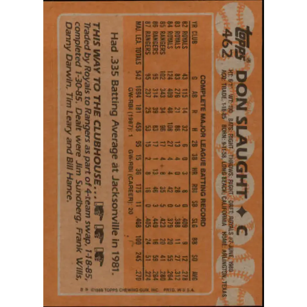 1988 Topps #462 Don Slaught NM-MT Texas Rangers Baseball Card - Baseball Card Single