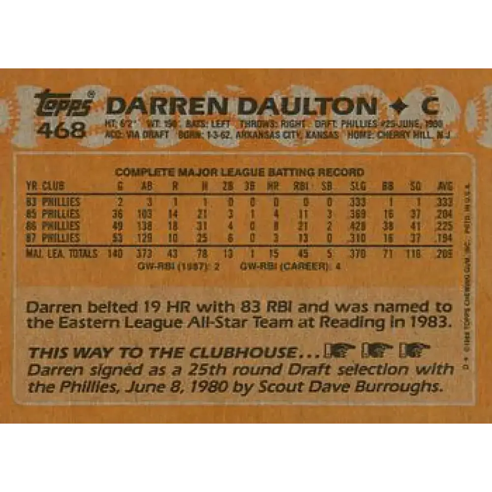1988 Topps #468 Darren Daulton NM-MT Philadelphia Phillies Baseball Card - Baseball Card Single