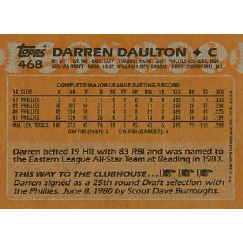 1988 Topps #468 Darren Daulton NM-MT Philadelphia Phillies Baseball Card - Baseball Card Single