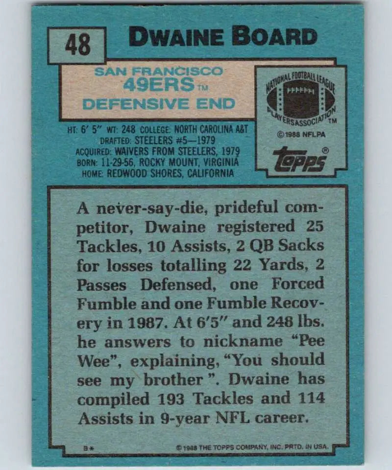 1988 Topps #48 Dwaine Board EX Excellent San Francisco 49ers Football Card - Football Card Single