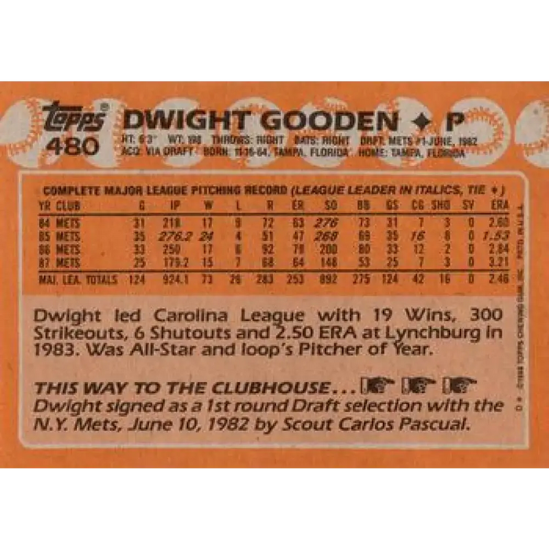 1988 Topps #480 Dwight Gooden NM-MT New York Mets Baseball Card - Baseball Card Single