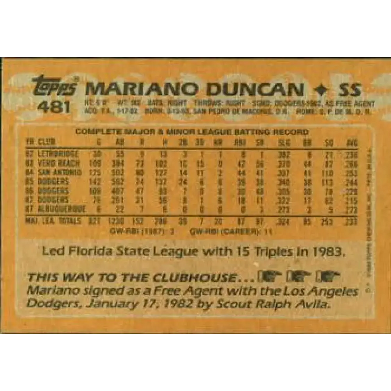 1988 Topps #481 Mariano Duncan NM-MT Los Angeles Dodgers Baseball Card - Baseball Card Single
