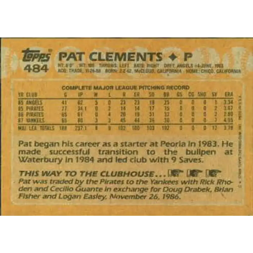 1988 Topps #484 Pat Clements NM-MT New York Yankees Baseball Card - Baseball Card Single