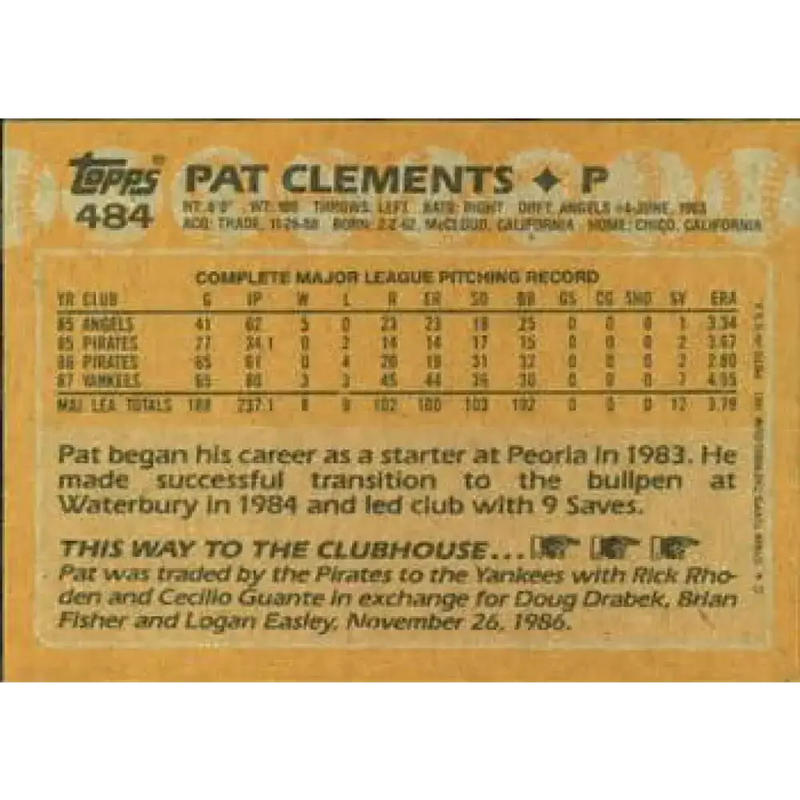 1988 Topps #484 Pat Clements NM-MT New York Yankees Baseball Card - Baseball Card Single