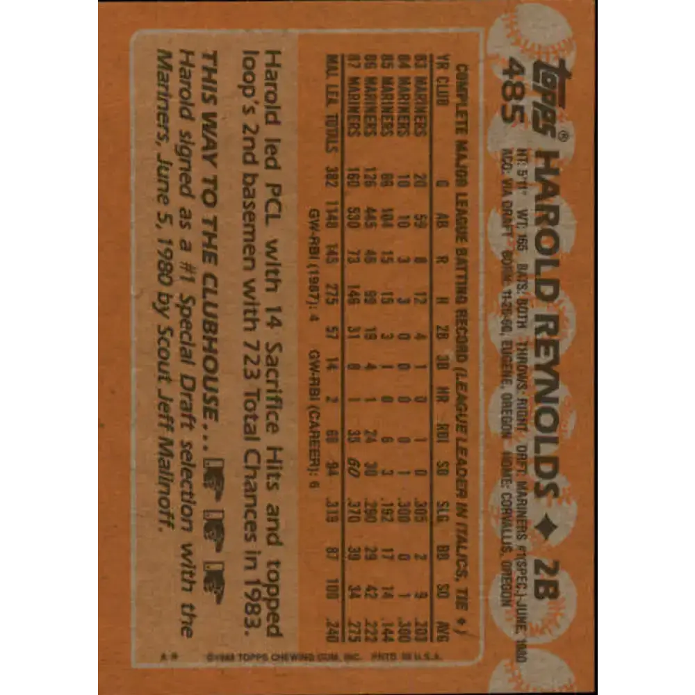 1988 Topps #485 Harold Reynolds NM-MT Seattle Mariners Baseball Card - Baseball Card Single