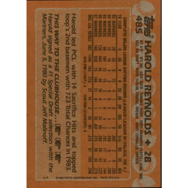 1988 Topps #485 Harold Reynolds NM-MT Seattle Mariners Baseball Card - Baseball Card Single