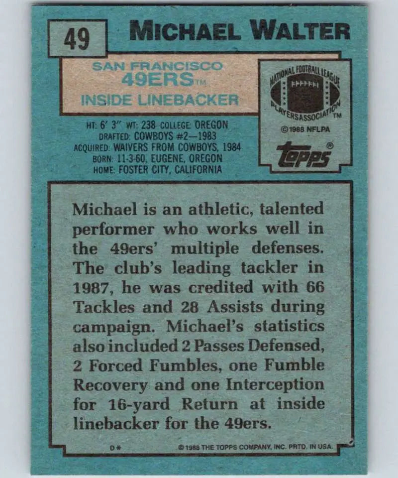 1988 Topps #49 Michael Walter EX Excellent San Francisco 49ers Football Card - Football Card Single