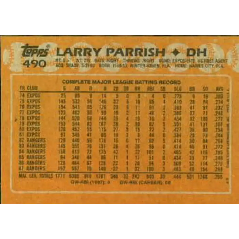 1988 Topps #490 Larry Parrish NM-MT Texas Rangers Baseball Card - Baseball Card Single