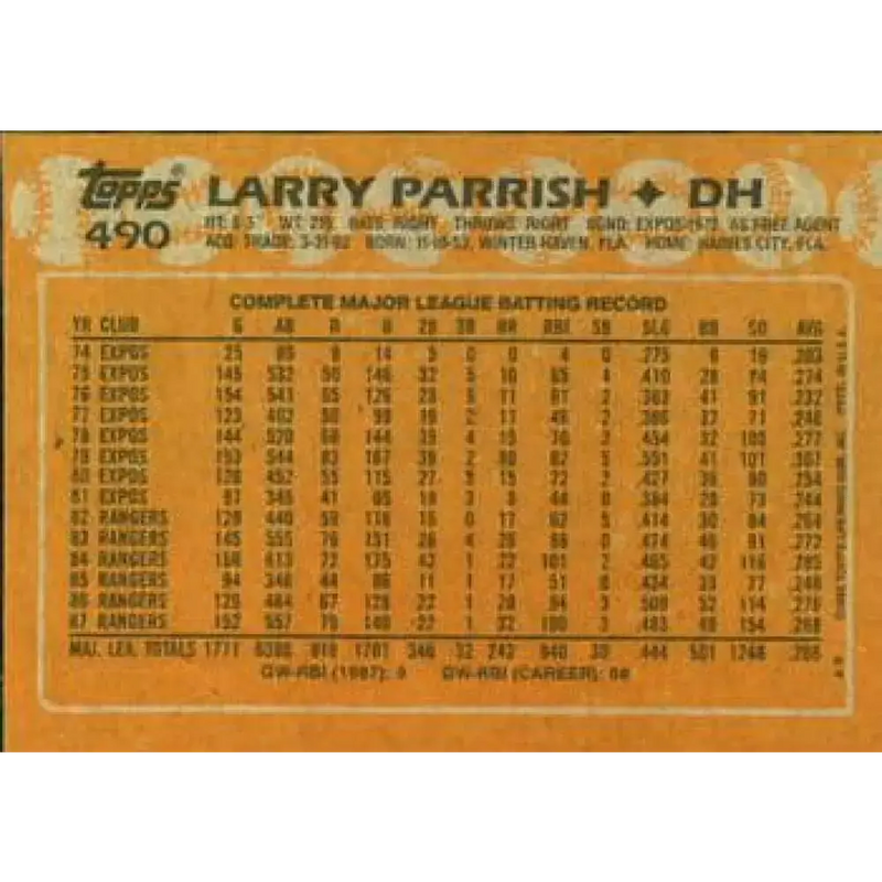 1988 Topps #490 Larry Parrish NM-MT Texas Rangers Baseball Card - Baseball Card Single