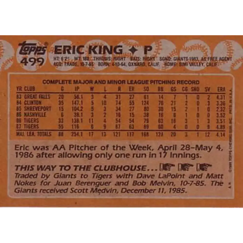 1988 Topps #499 Eric King NM-MT Detroit Tigers Baseball Card - Baseball Card Single