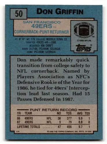 1988 Topps Don Griffin San Francisco football card with original gloss in excellent condition