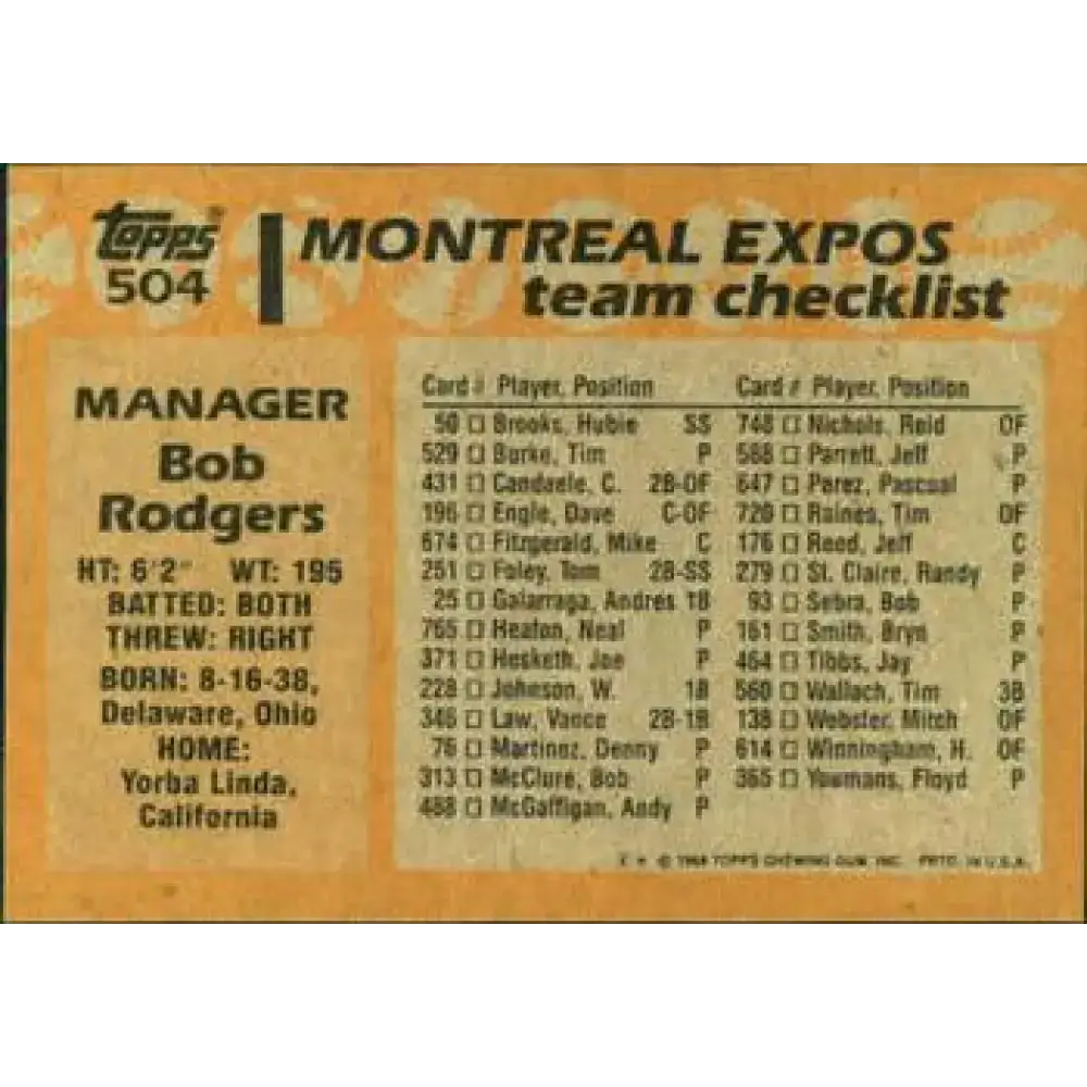 1988 Topps #504 Bob Rodgers NM-MT Montreal Expos Baseball Card - Baseball Card Single