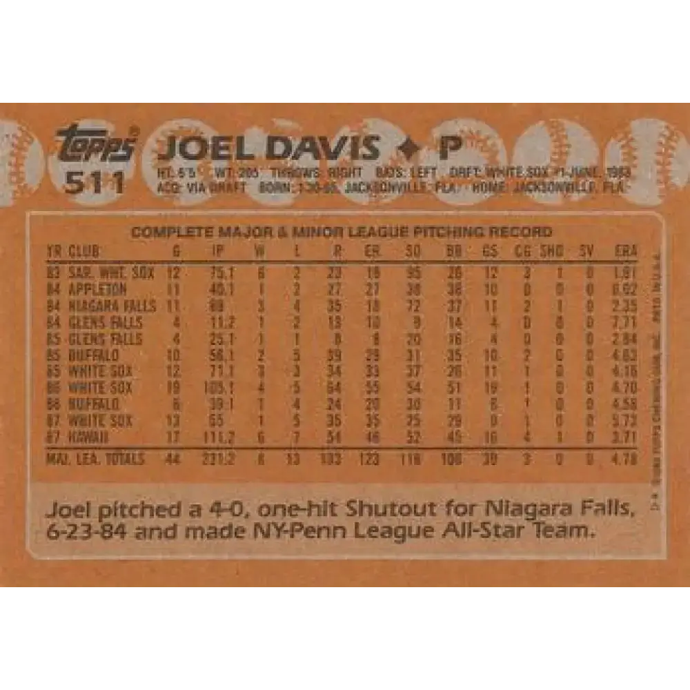 1988 Topps #511 Joel Davis NM-MT Chicago White Sox Baseball Card - Baseball Card Single
