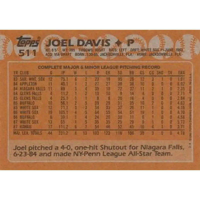1988 Topps #511 Joel Davis NM-MT Chicago White Sox Baseball Card - Baseball Card Single