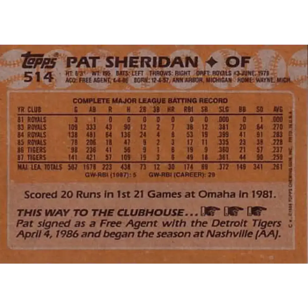 1988 Topps #514 Pat Sheridan NM-MT Detroit Tigers Baseball Card - Baseball Card Single