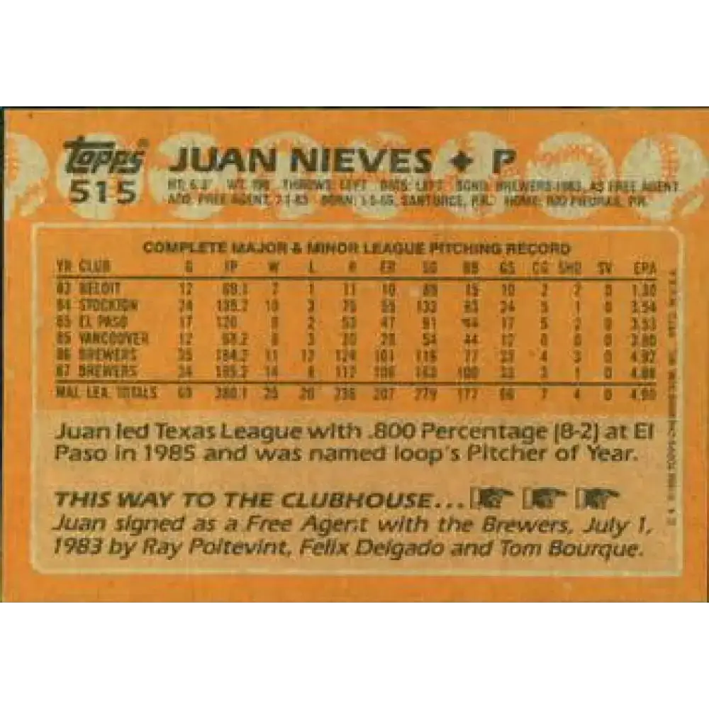 1988 Topps #515 Juan Nieves NM-MT Milwaukee Brewers Baseball Card - Baseball Card Single