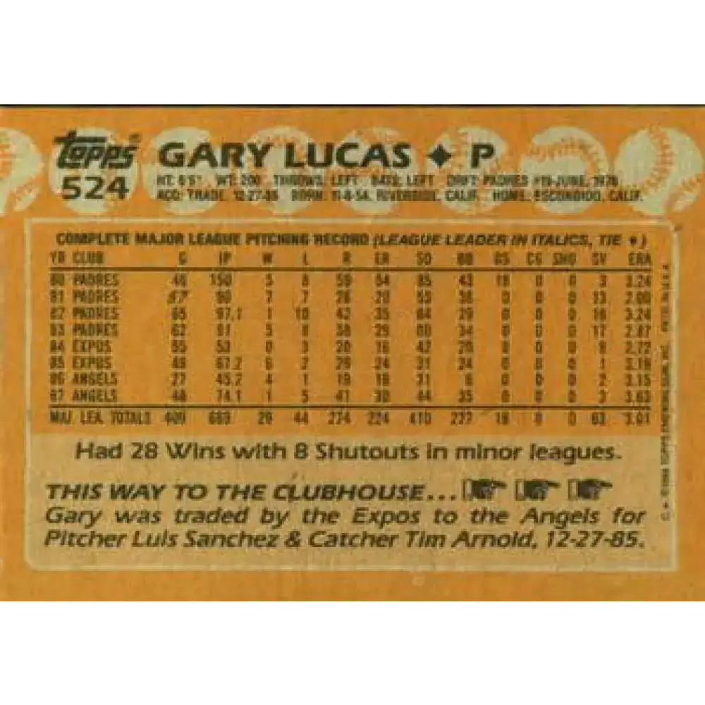 1988 Topps #524 Gary Lucas NM-MT California Angels Baseball Card - Baseball Card Single